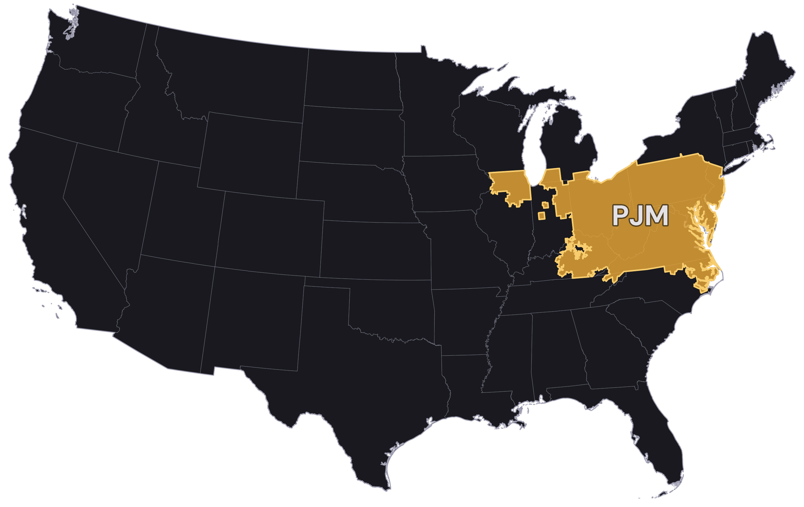 Map of the continental United States with the PJM market footprint highlighted across the mid-Atlantic and parts of the Midwest, including the Chicago area, Virginia, and North Carolina.