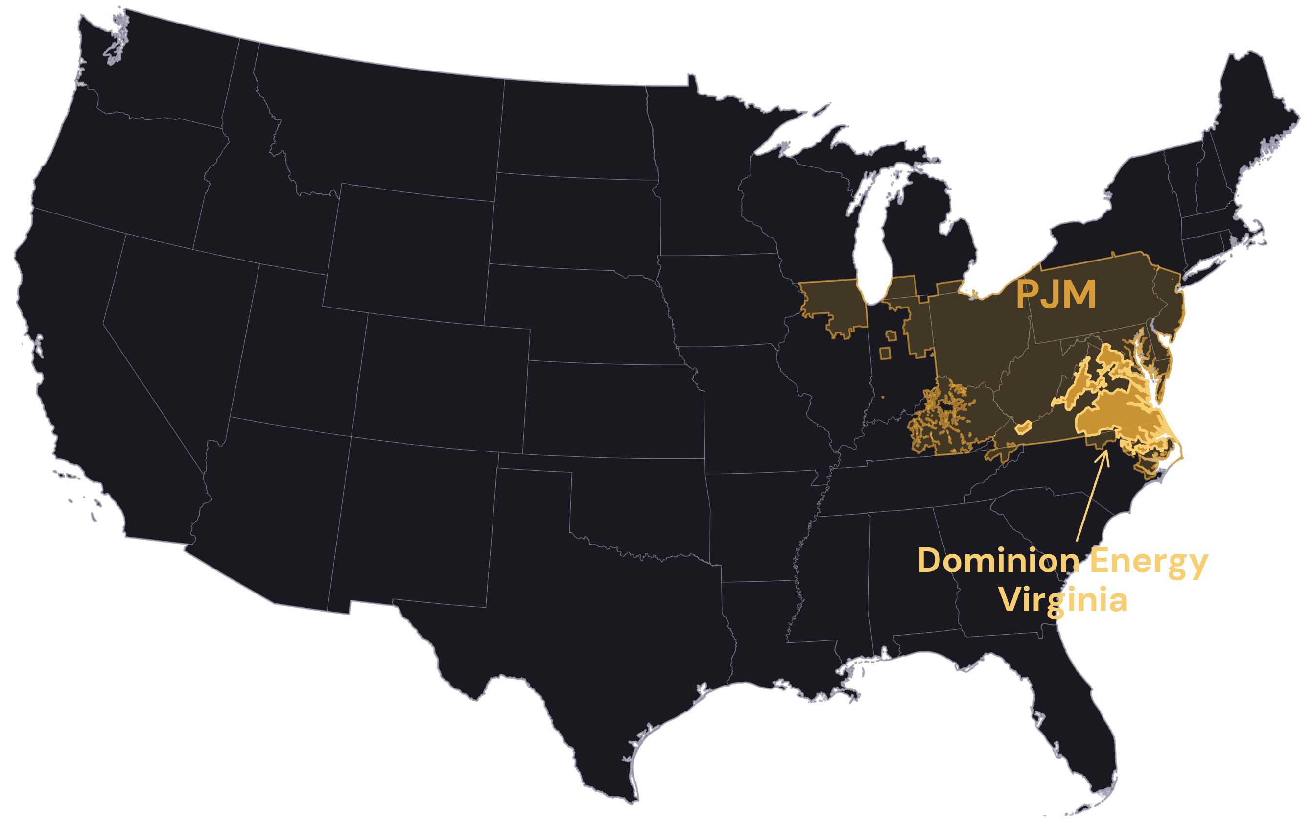 Map of the continental United States with the PJM market footprint shaded across the mid-Atlantic and Midwest and Dominion Energy Virginia's service territory highlighted within it, across eastern and central Virginia and northeastern North Carolina.