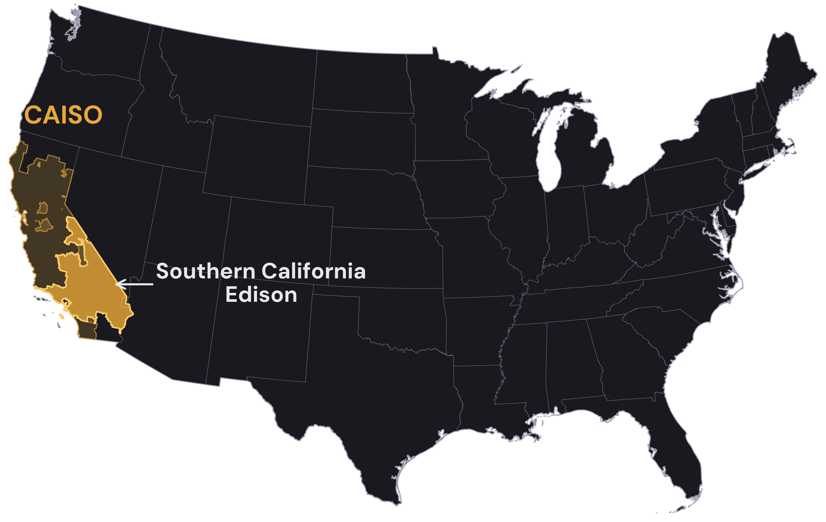 Map of the continental United States with the CAISO market footprint shaded across California and Southern California Edison's service territory highlighted within it, across central, coastal, and southern California.