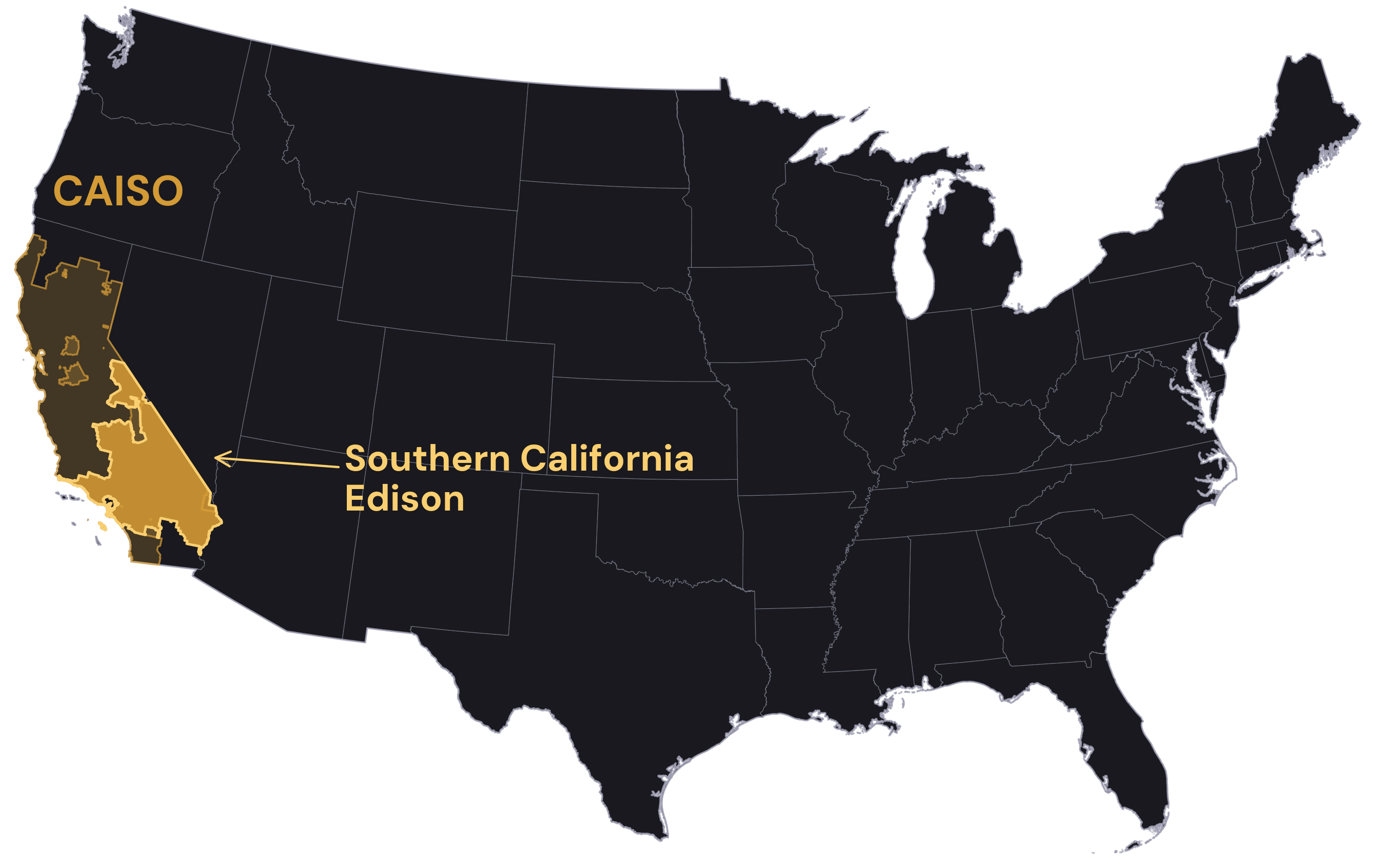 Map of the continental United States with the CAISO market footprint shaded across California and Southern California Edison's service territory highlighted within it, across central, coastal, and southern California.